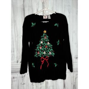 Vintage Nutcracker Brand Ugly Christmas‎ Tree Crewel Embroidered Black Sweater M